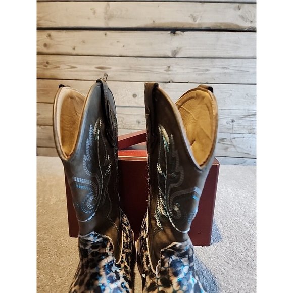Roper Glitter Diamonds Cow  Leather Square Toe Pull On Western Boots Girls Sz 1 - Picture 8 of 14